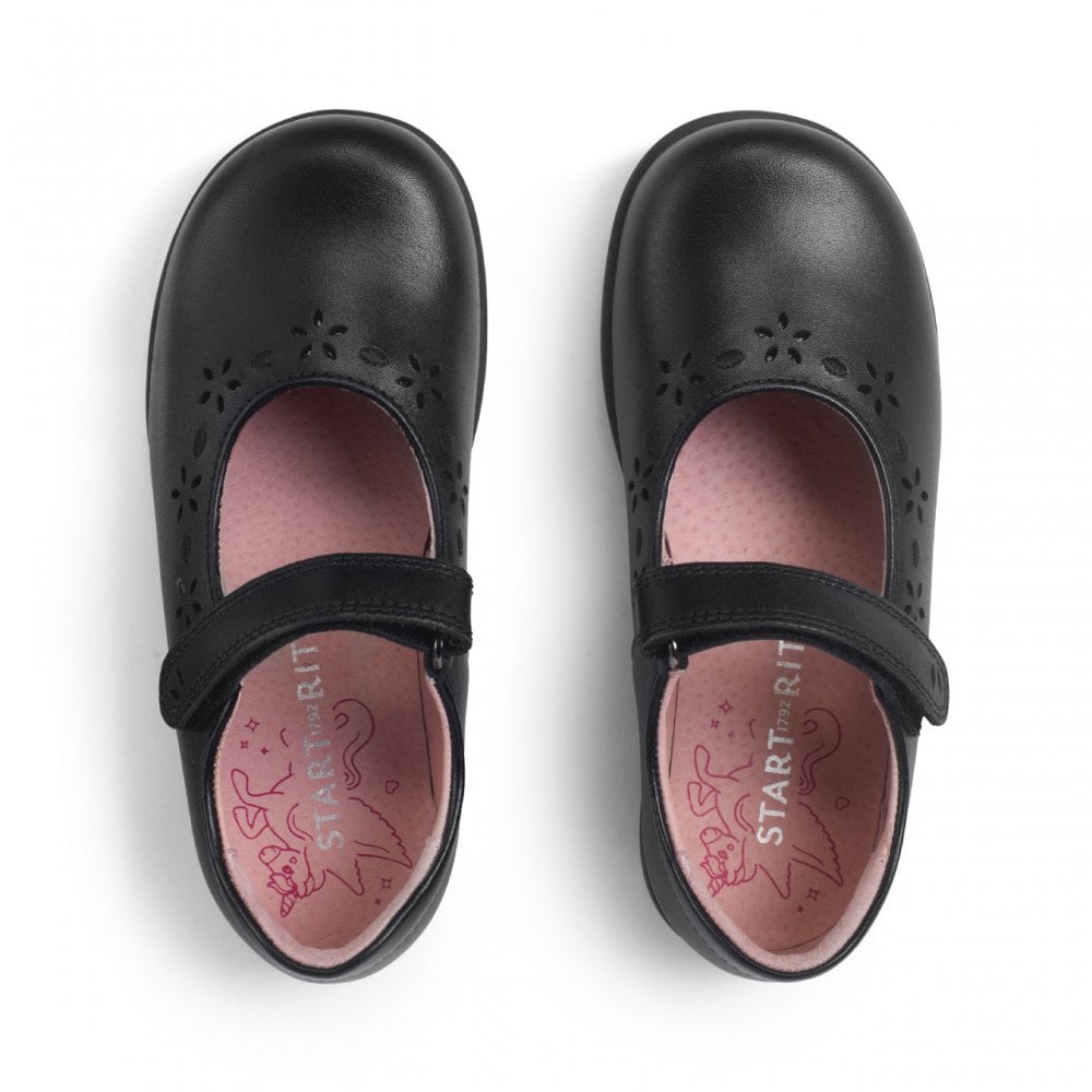 Emily Black Leather Girls Rip-Tape School Shoes