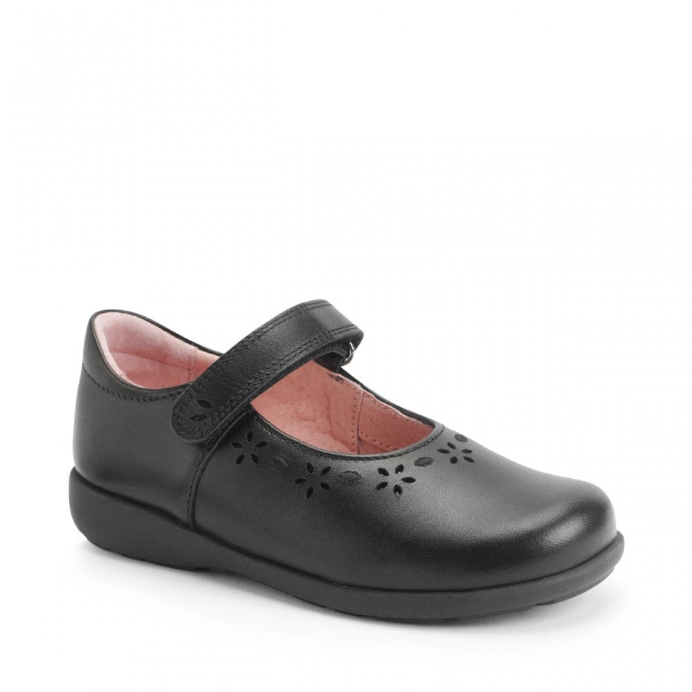 Emily Black Leather Girls Rip-Tape School Shoes