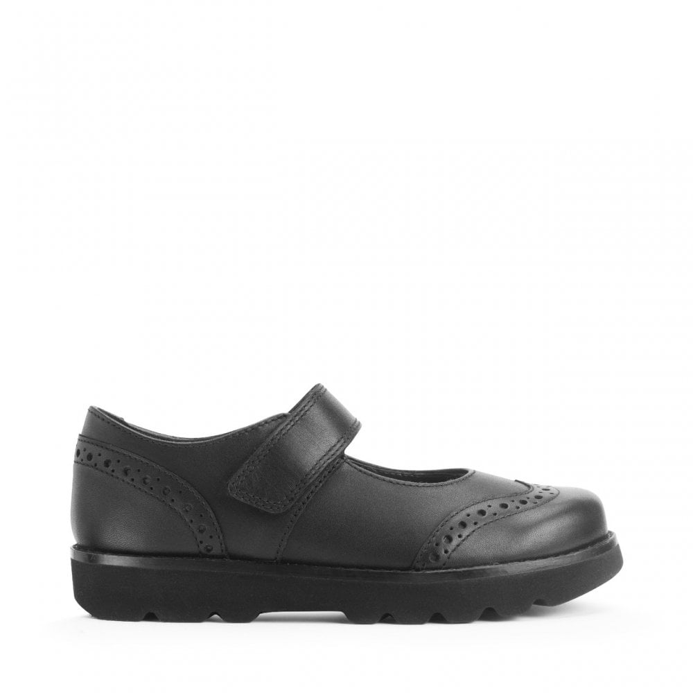 Cosmos Black Leather Girls Rip-Tape School Shoes