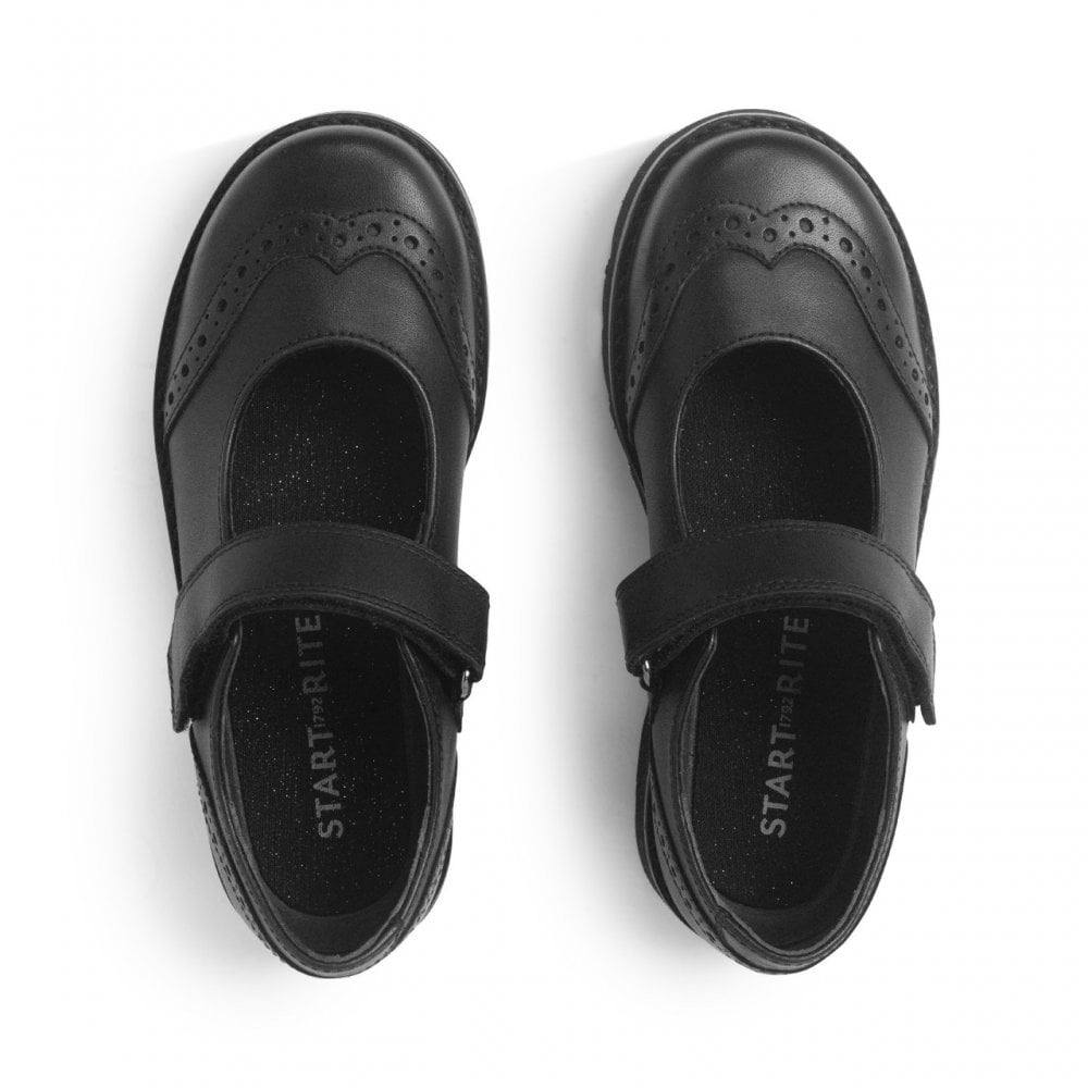 Cosmos Black Leather Girls Rip-Tape School Shoes