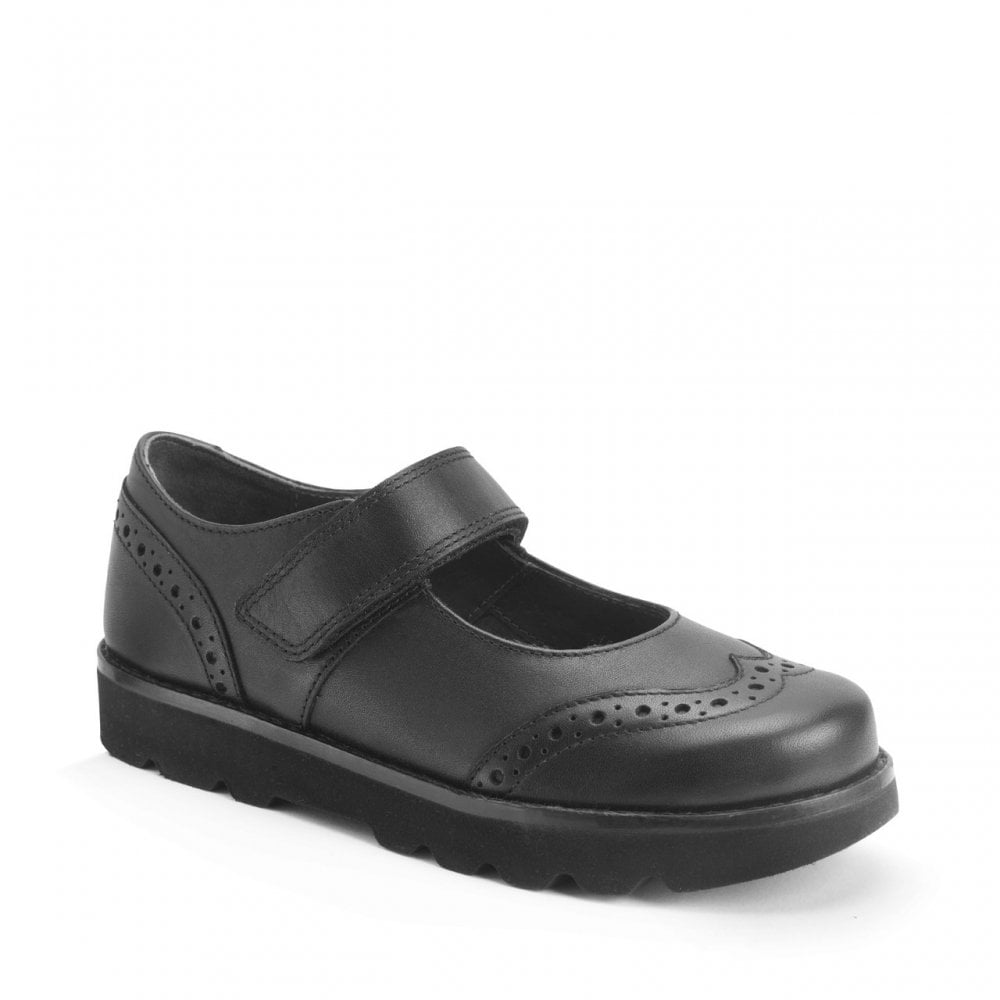 Cosmos Black Leather Girls Rip-Tape School Shoes