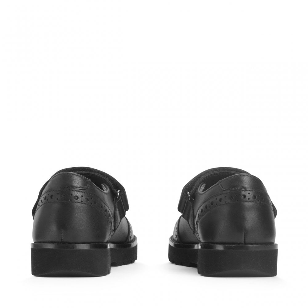 Cosmos Black Leather Girls Rip-Tape School Shoes