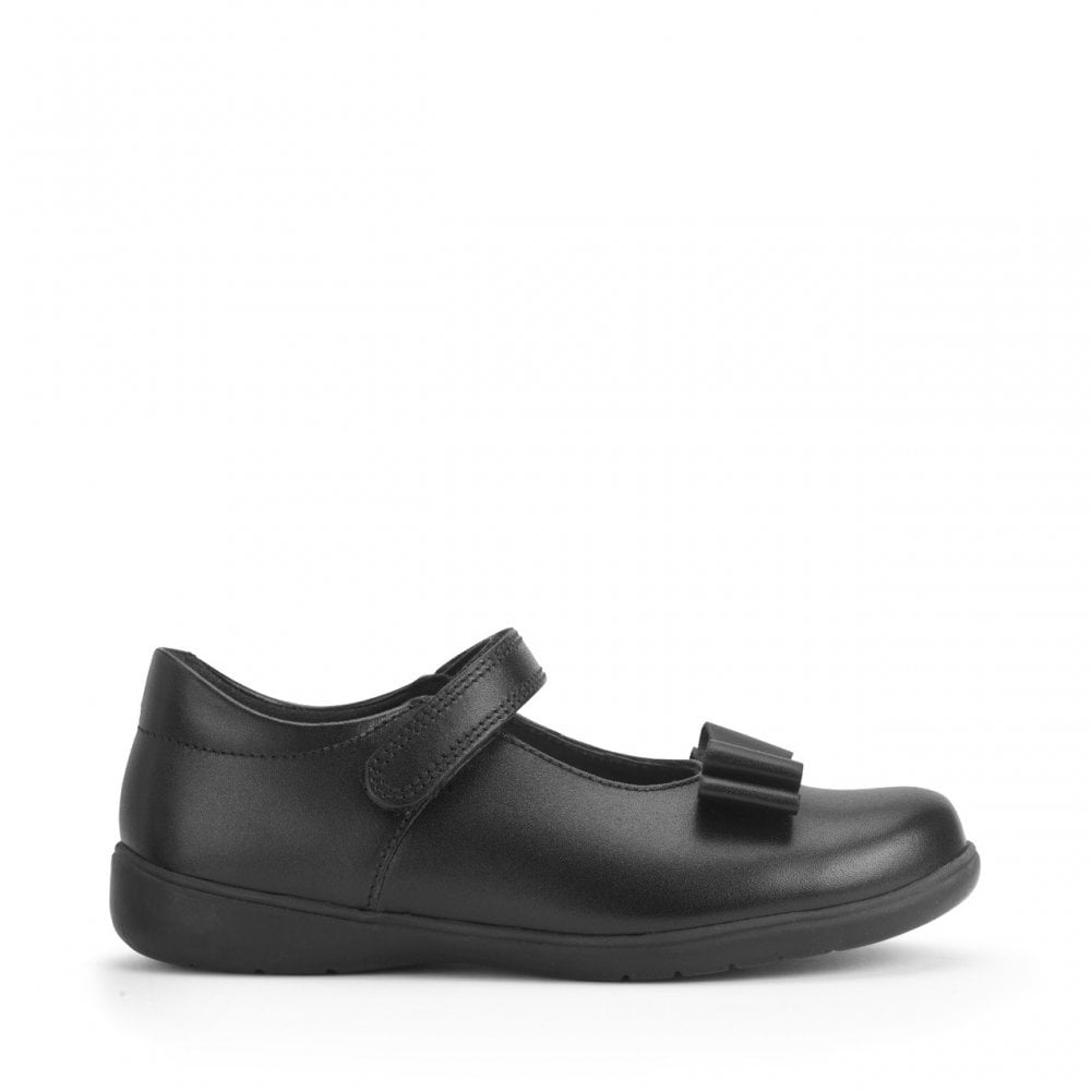 Bella Black Leather Girls Rip-Tape Bow School Shoes