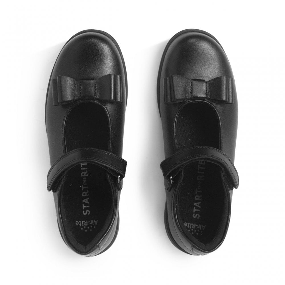 Bella Black Leather Girls Rip-Tape Bow School Shoes