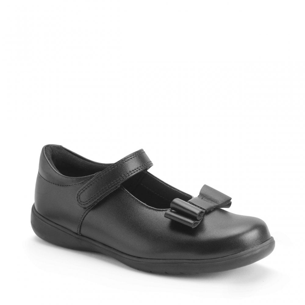 Bella Black Leather Girls Rip-Tape Bow School Shoes
