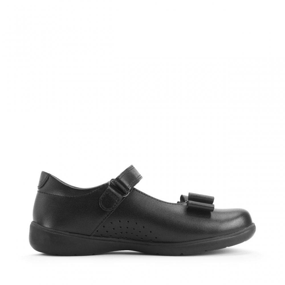 Bella Black Leather Girls Rip-Tape Bow School Shoes