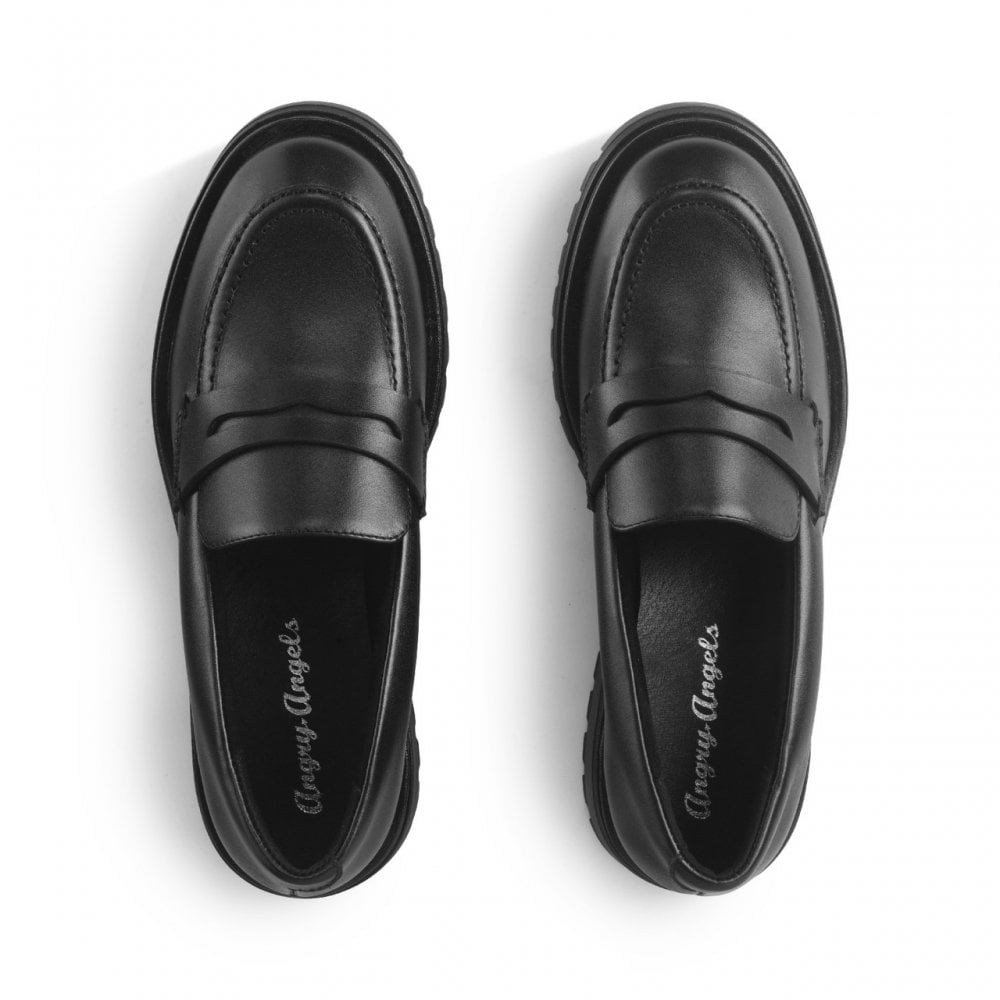 Paris Black Leather Girls Slip-On Angry Angels School Shoes