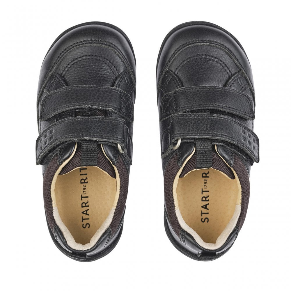 Zigzag Black Leather Boys Rip-Tape First School Shoes