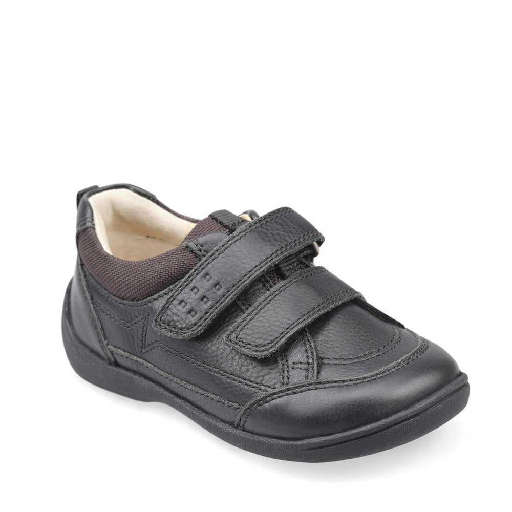 Zigzag Black Leather Boys Rip-Tape First School Shoes