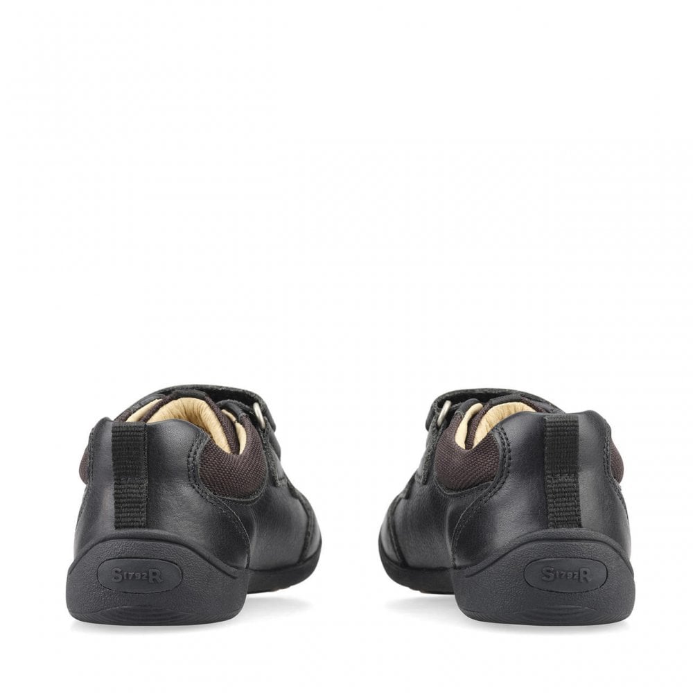 Zigzag Black Leather Boys Rip-Tape First School Shoes