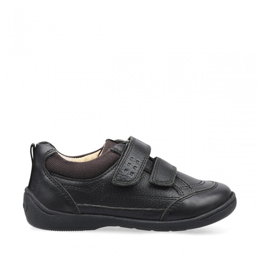 Zigzag Black Leather Boys Rip-Tape First School Shoes
