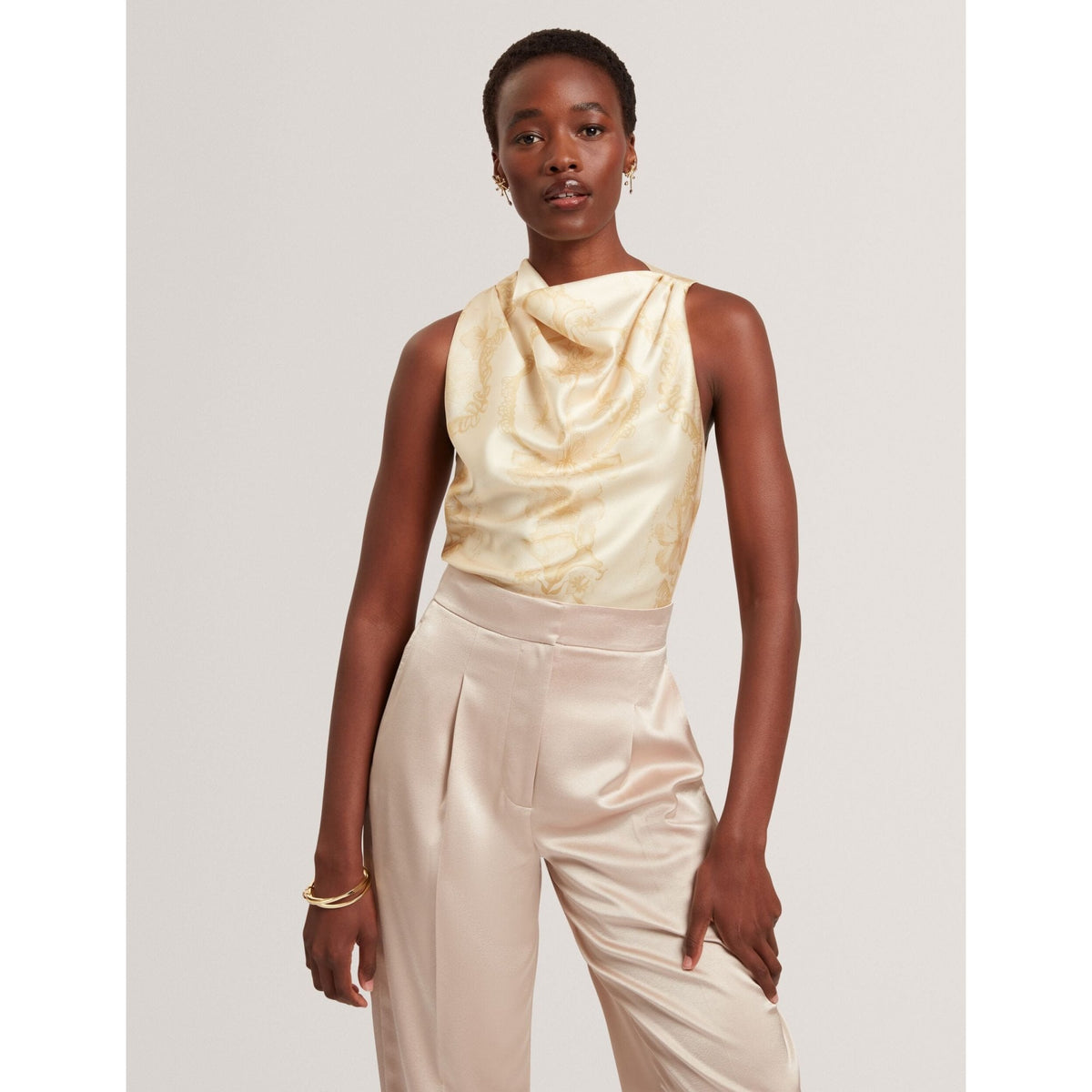 Cobla Lace Print Drape Neck Sleeveless Top