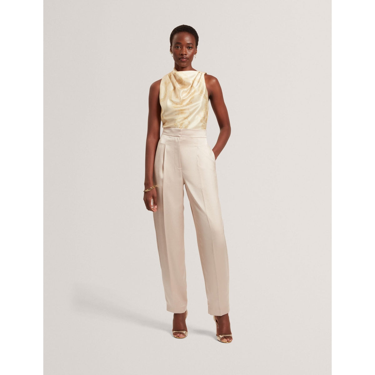Cobla Lace Print Drape Neck Sleeveless Top