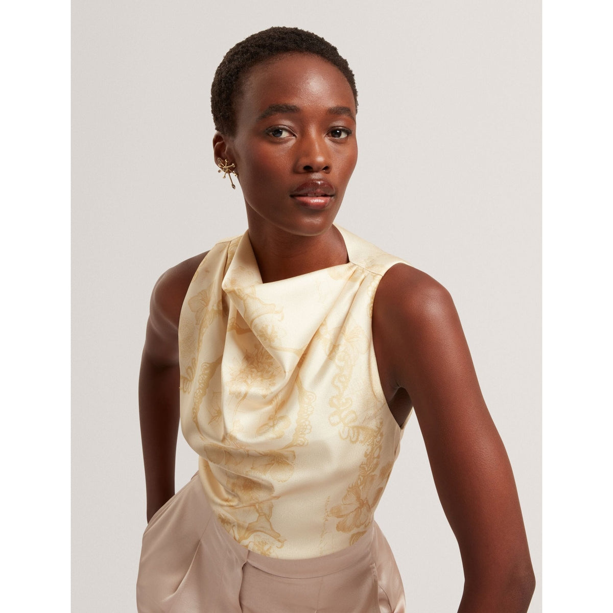 Cobla Lace Print Drape Neck Sleeveless Top