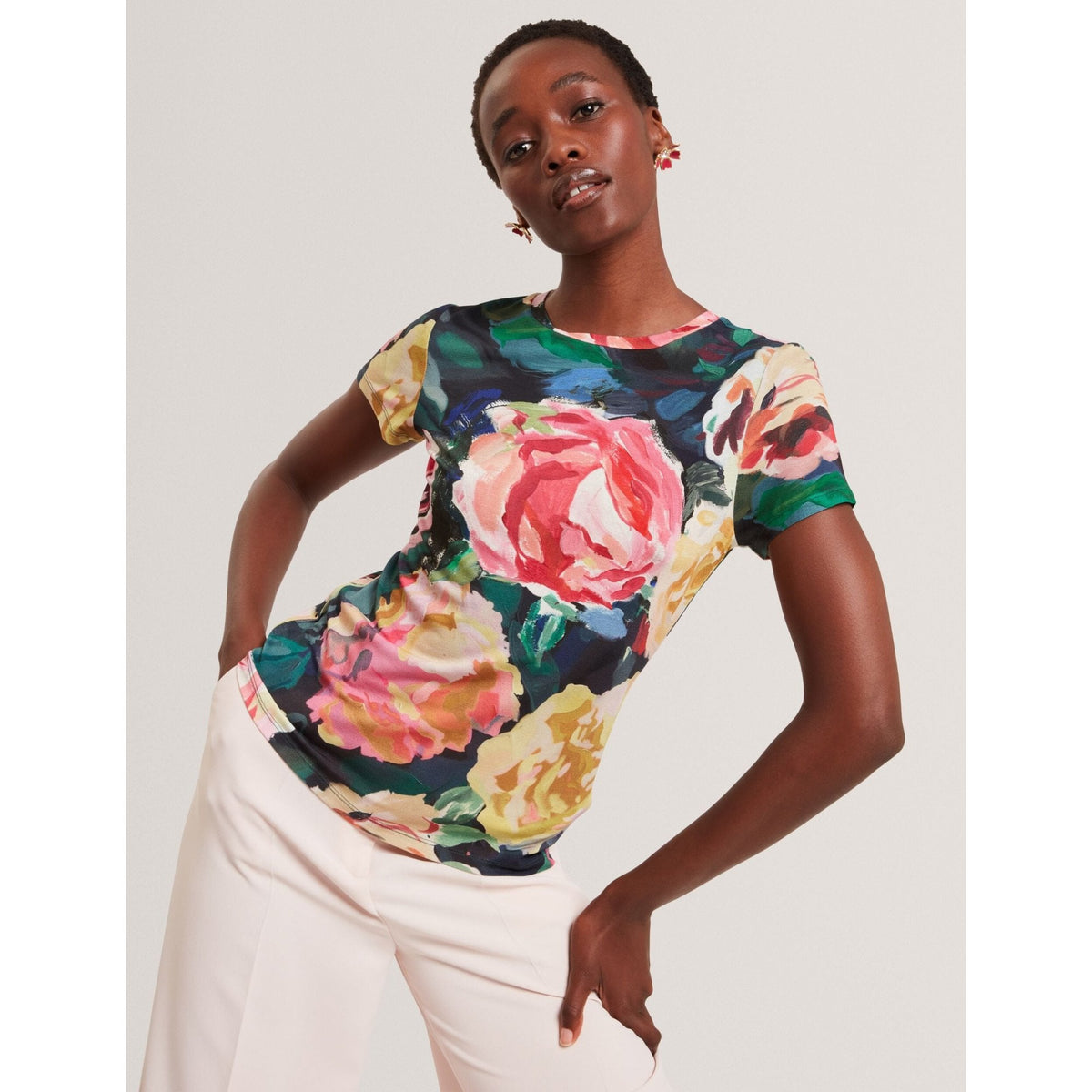 Mayfla Rose Print Soft Touch Fitted T-Shirt