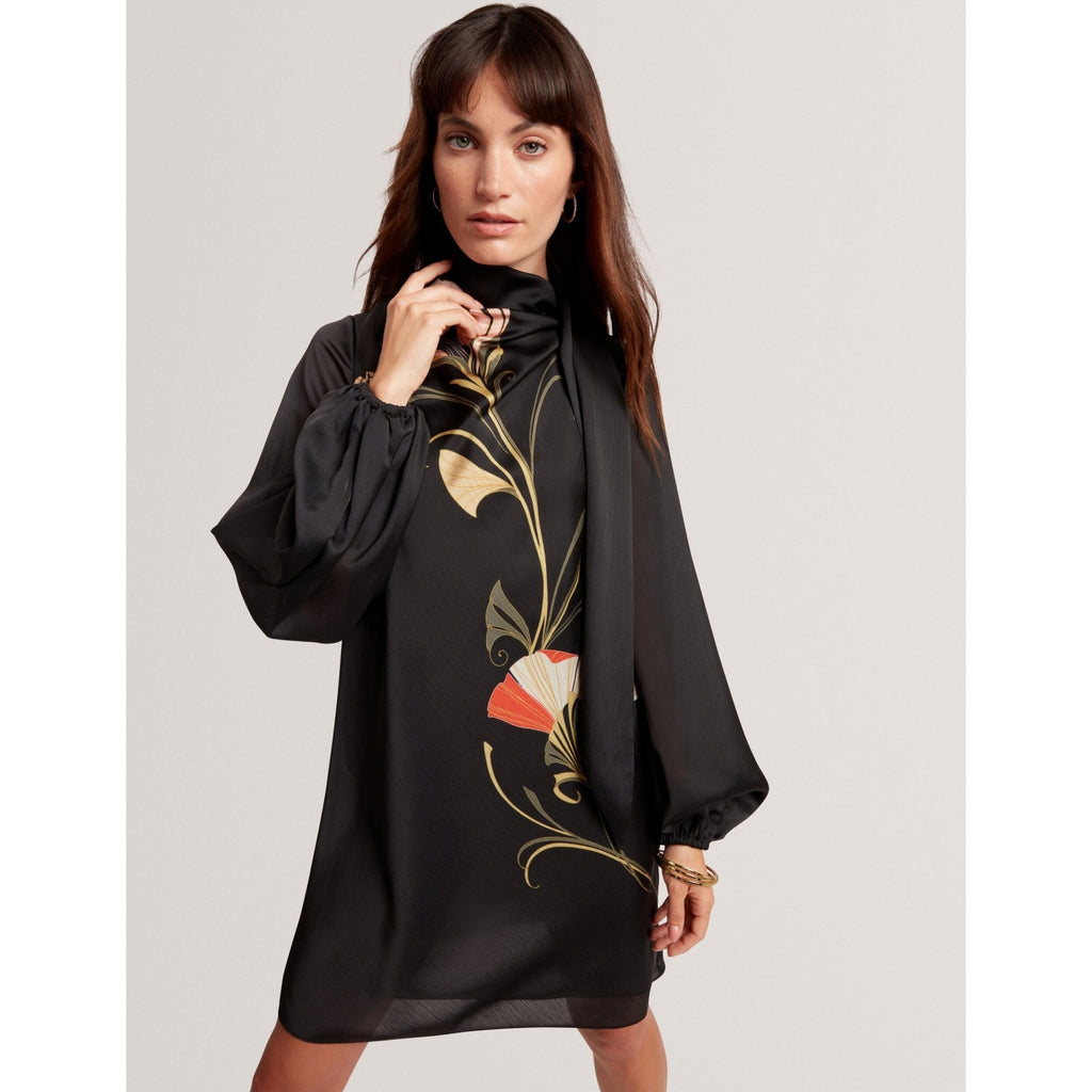 Molma Nouveau Print Tie Neck Long Sleeve Mini Dress