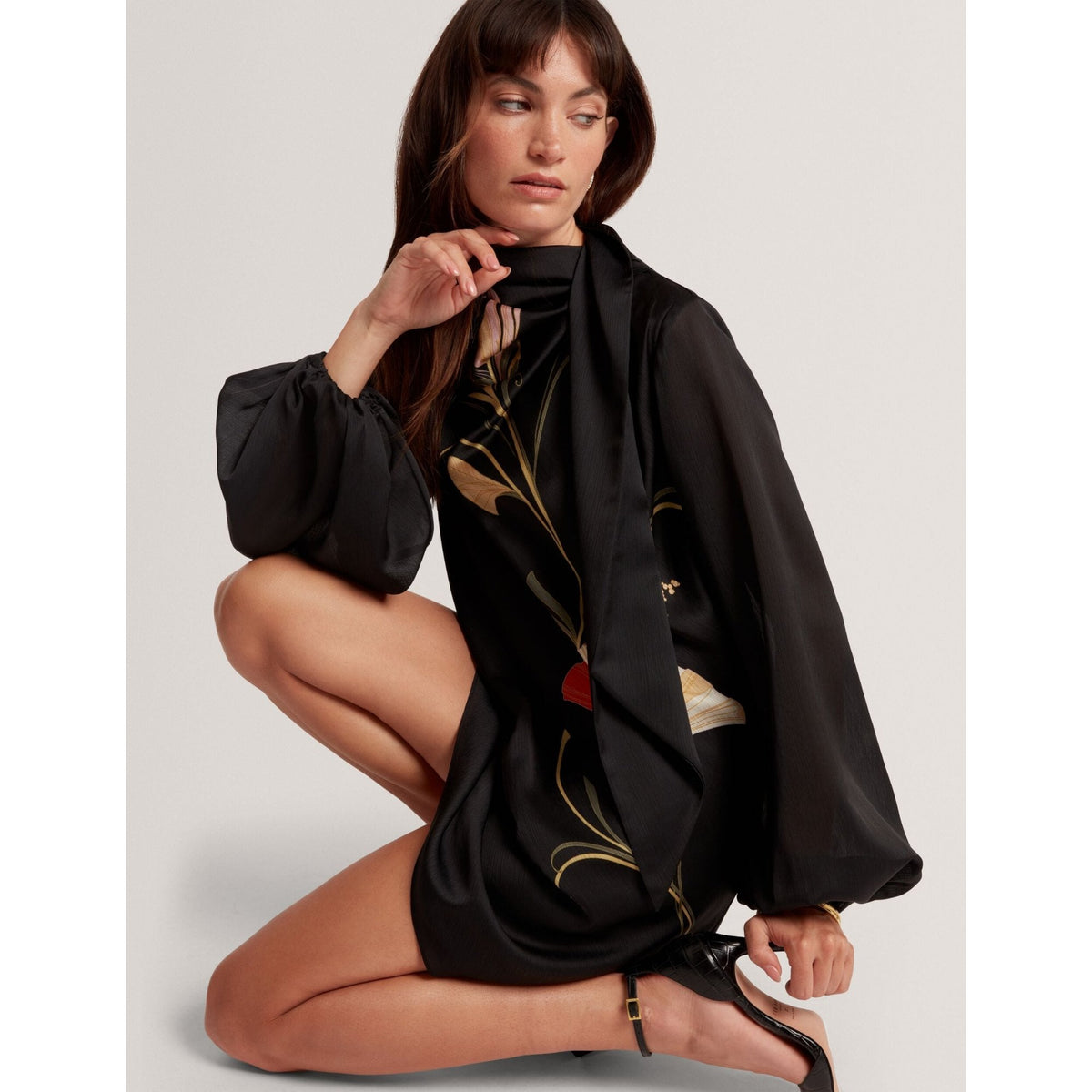 Molma Nouveau Print Tie Neck Long Sleeve Mini Dress
