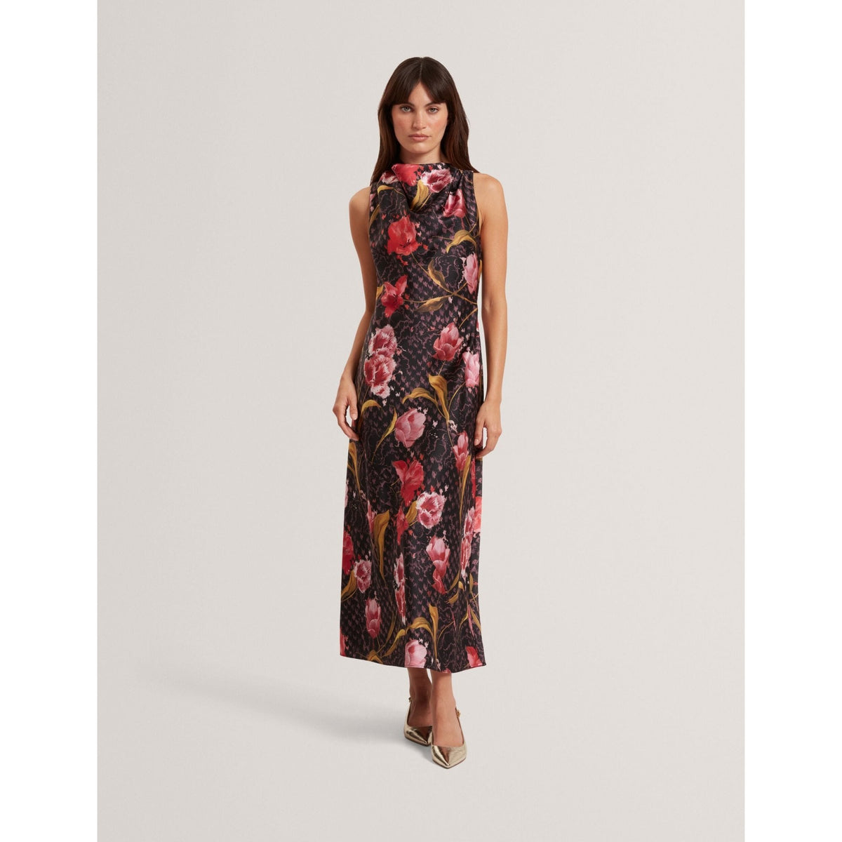 Twilli Floral Check Cowl Neck Satin Midi Dress