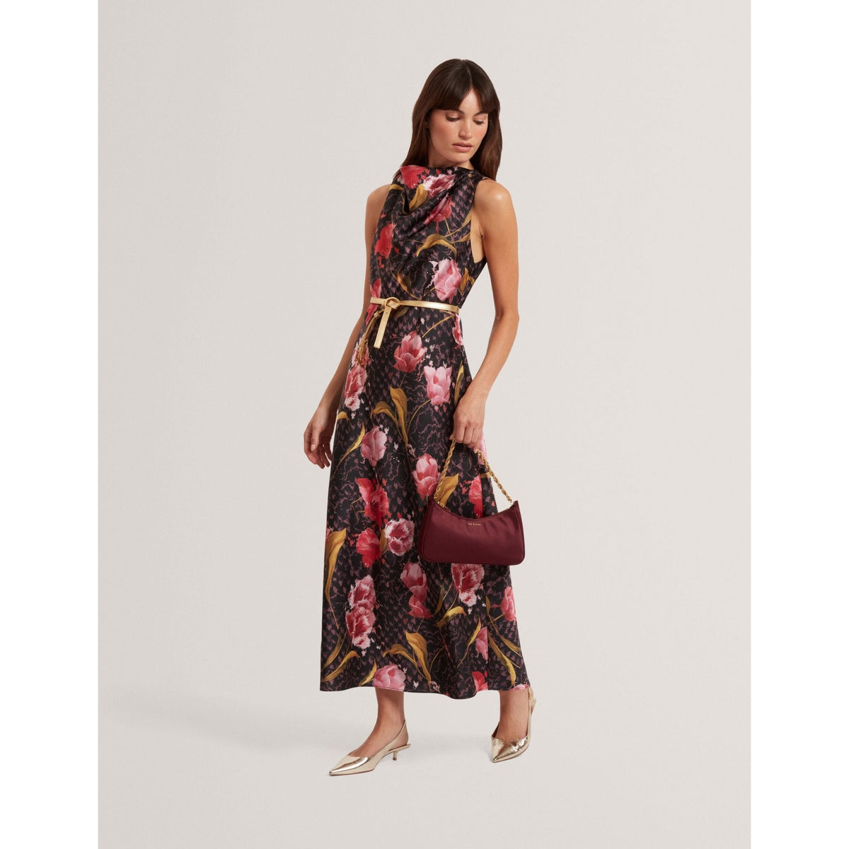 Twilli Floral Check Cowl Neck Satin Midi Dress