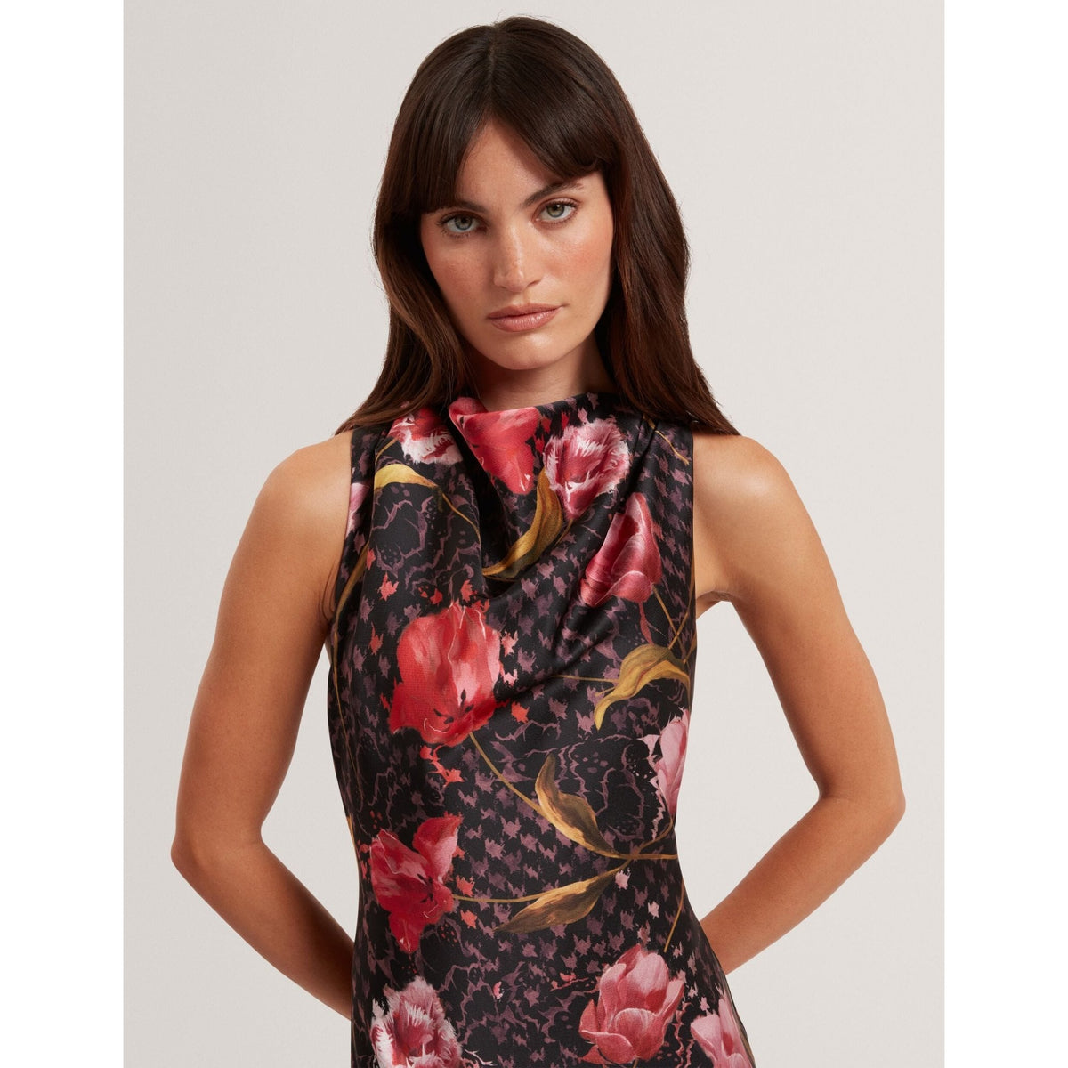 Twilli Floral Check Cowl Neck Satin Midi Dress