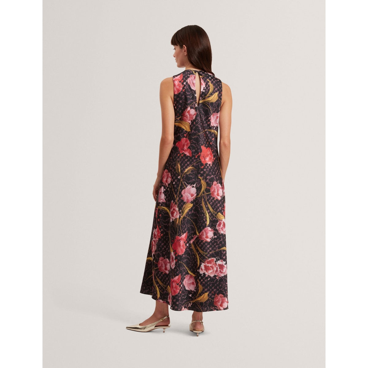 Twilli Floral Check Cowl Neck Satin Midi Dress