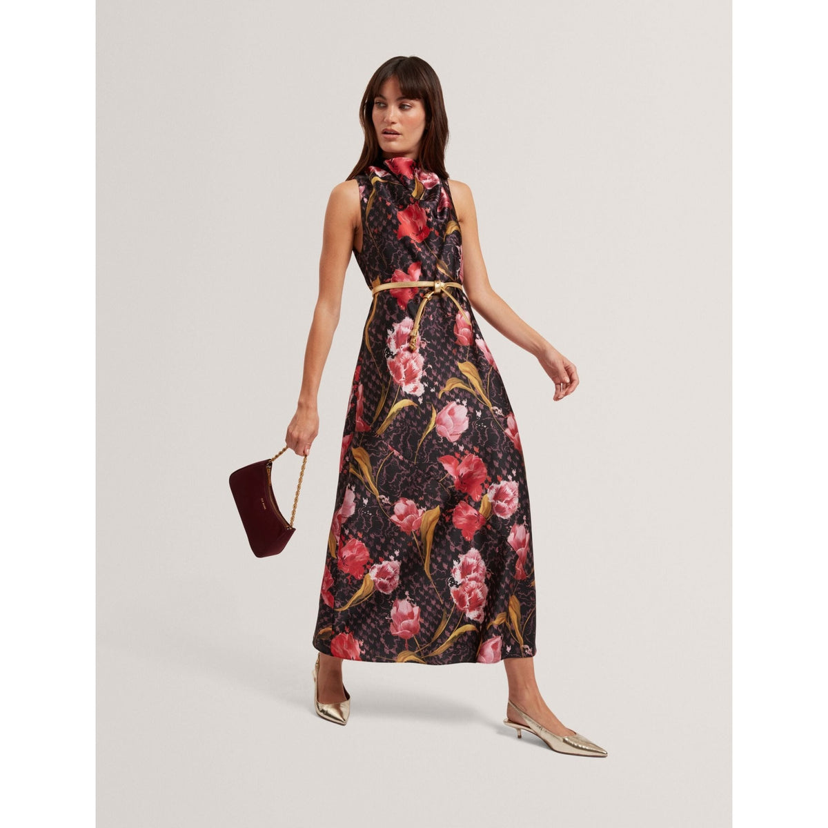 Twilli Floral Check Cowl Neck Satin Midi Dress