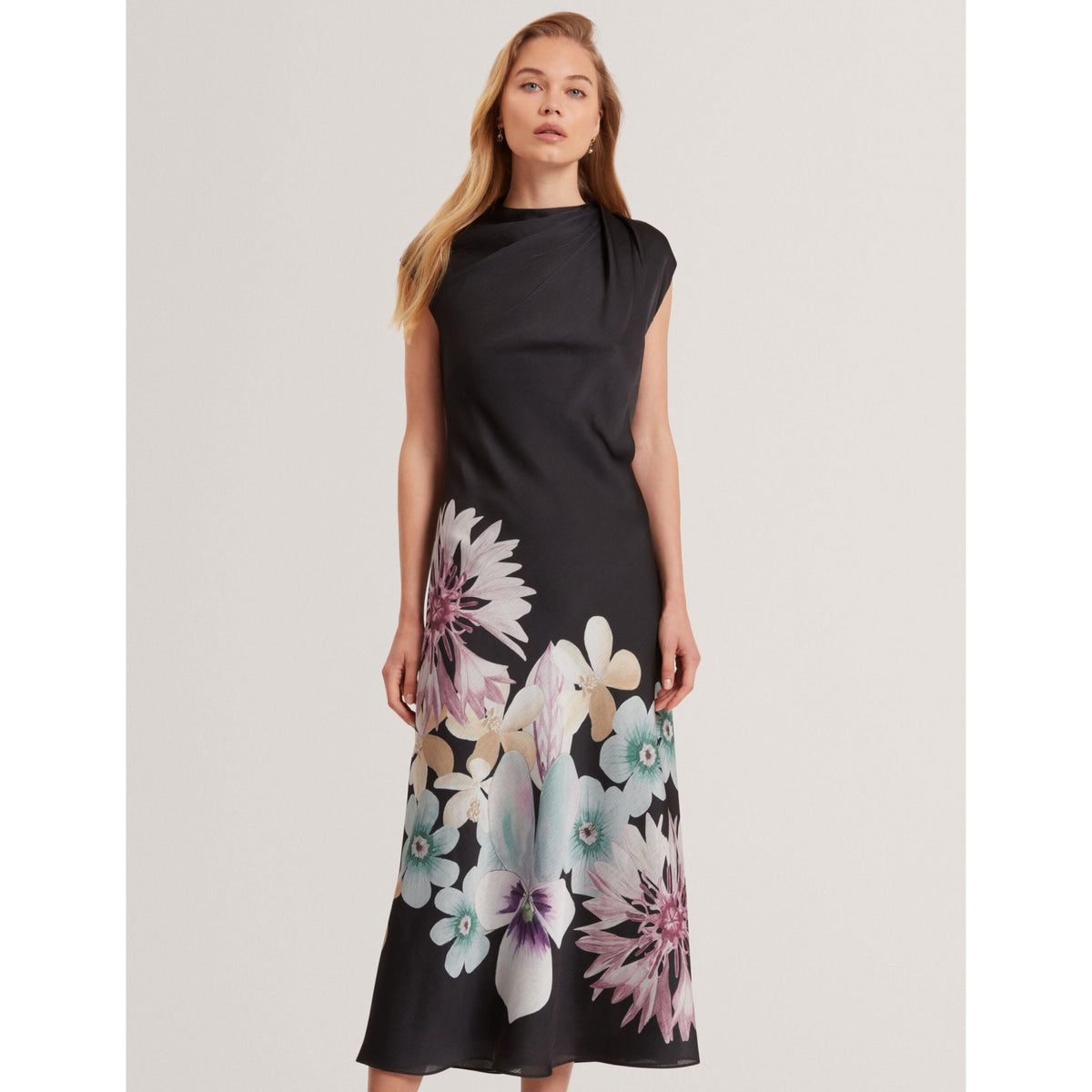 Demita Pastel Floral Print Draped Neck Midi Dress