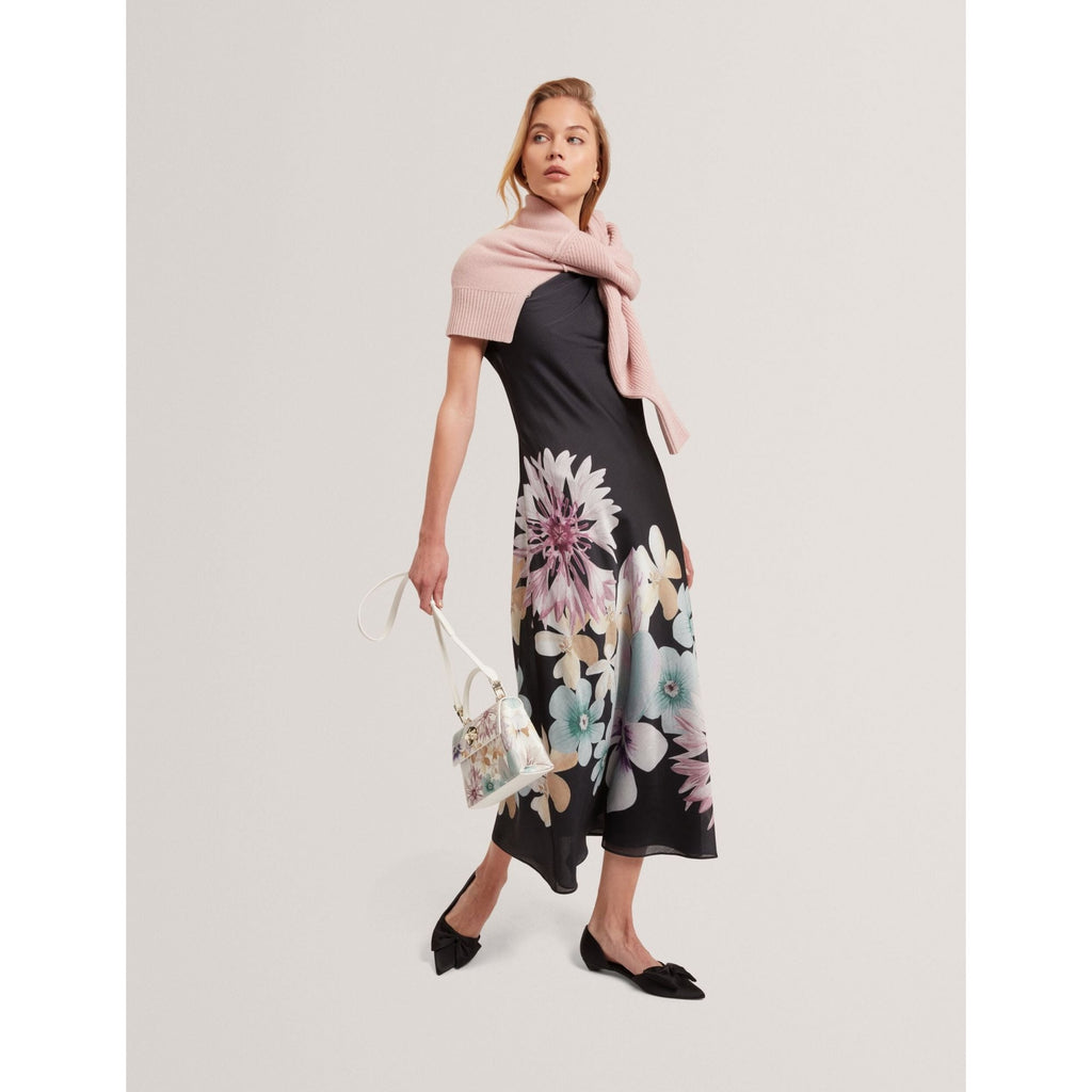 Demita Pastel Floral Print Draped Neck Midi Dress