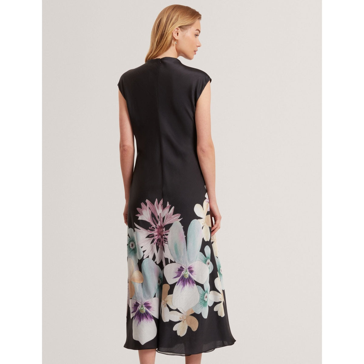 Demita Pastel Floral Print Draped Neck Midi Dress
