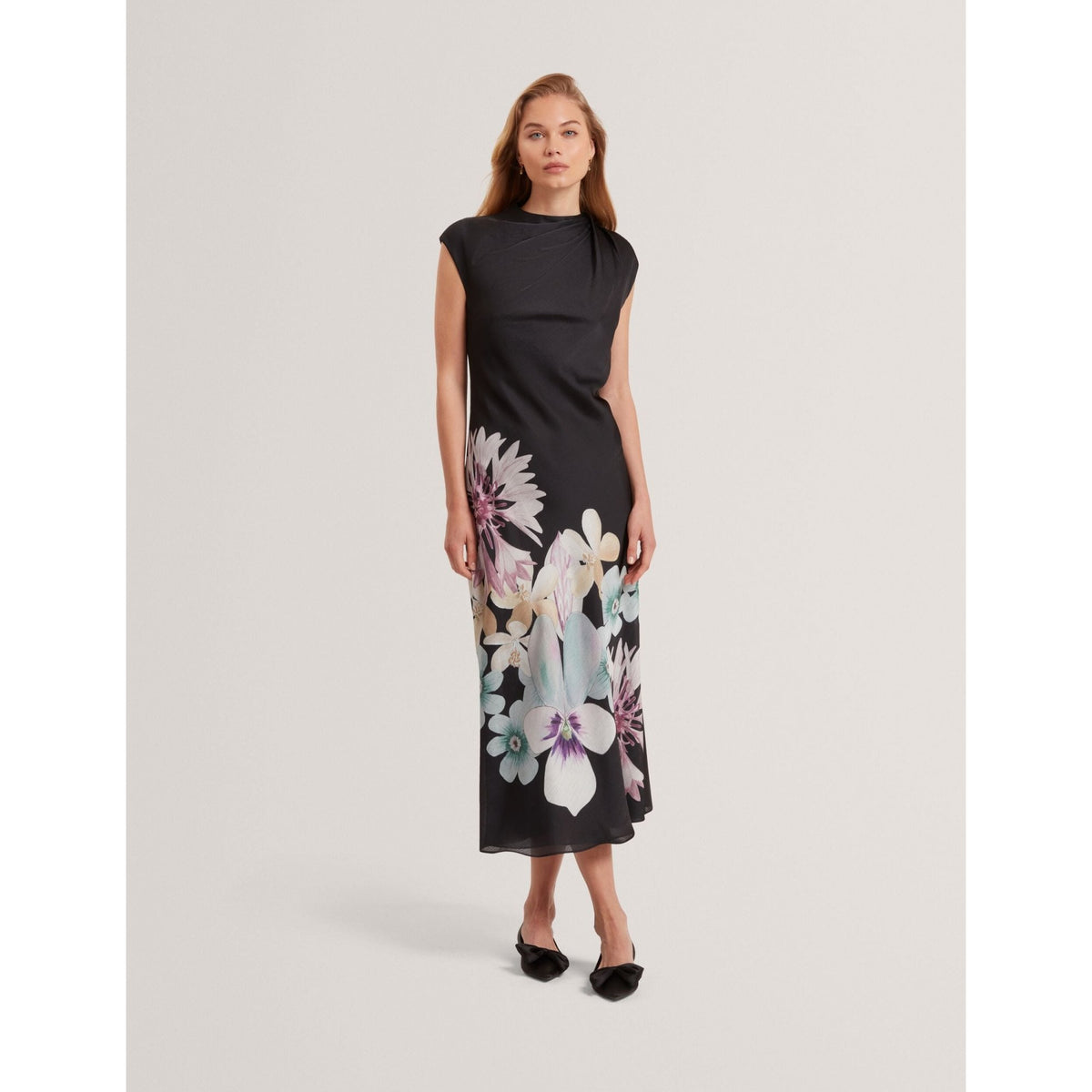Demita Pastel Floral Print Draped Neck Midi Dress