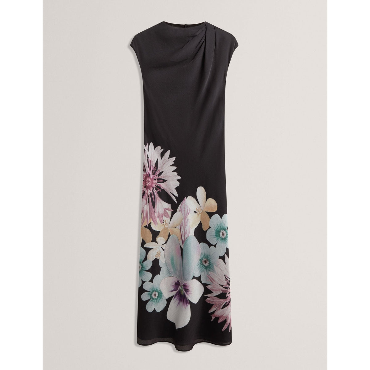 Demita Pastel Floral Print Draped Neck Midi Dress