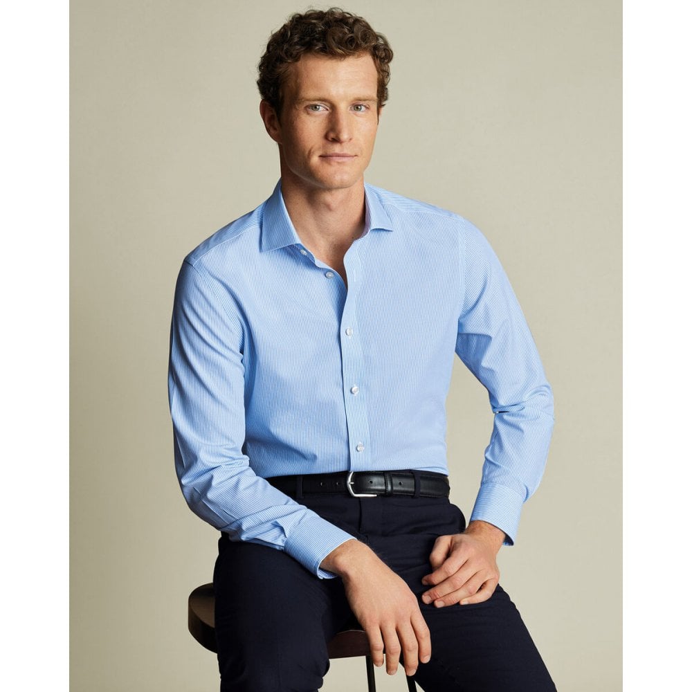 Cornflower Blue Cutaway Collar Non-Iron Stretch Poplin Bengal Stripe Slim Fit Shirt
