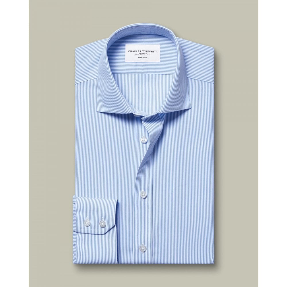 Cornflower Blue Cutaway Collar Non-Iron Stretch Poplin Bengal Stripe Slim Fit Shirt