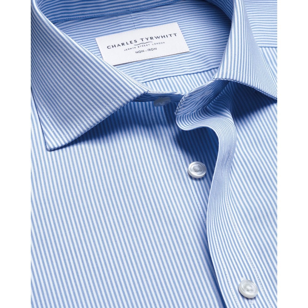 Cornflower Blue Cutaway Collar Non-Iron Stretch Poplin Bengal Stripe Slim Fit Shirt