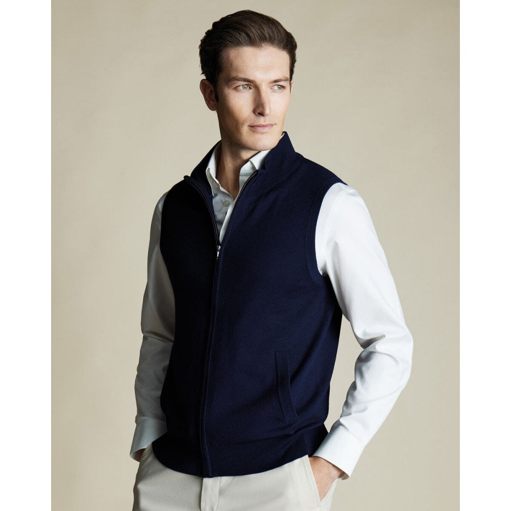 Navy Blue Pure Merino Zip Through Gilet
