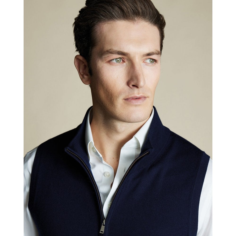 Navy Blue Pure Merino Zip Through Gilet