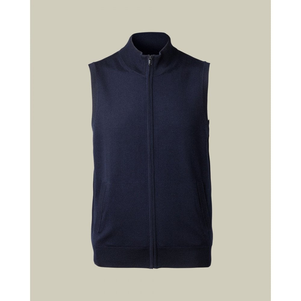 Navy Blue Pure Merino Zip Through Gilet