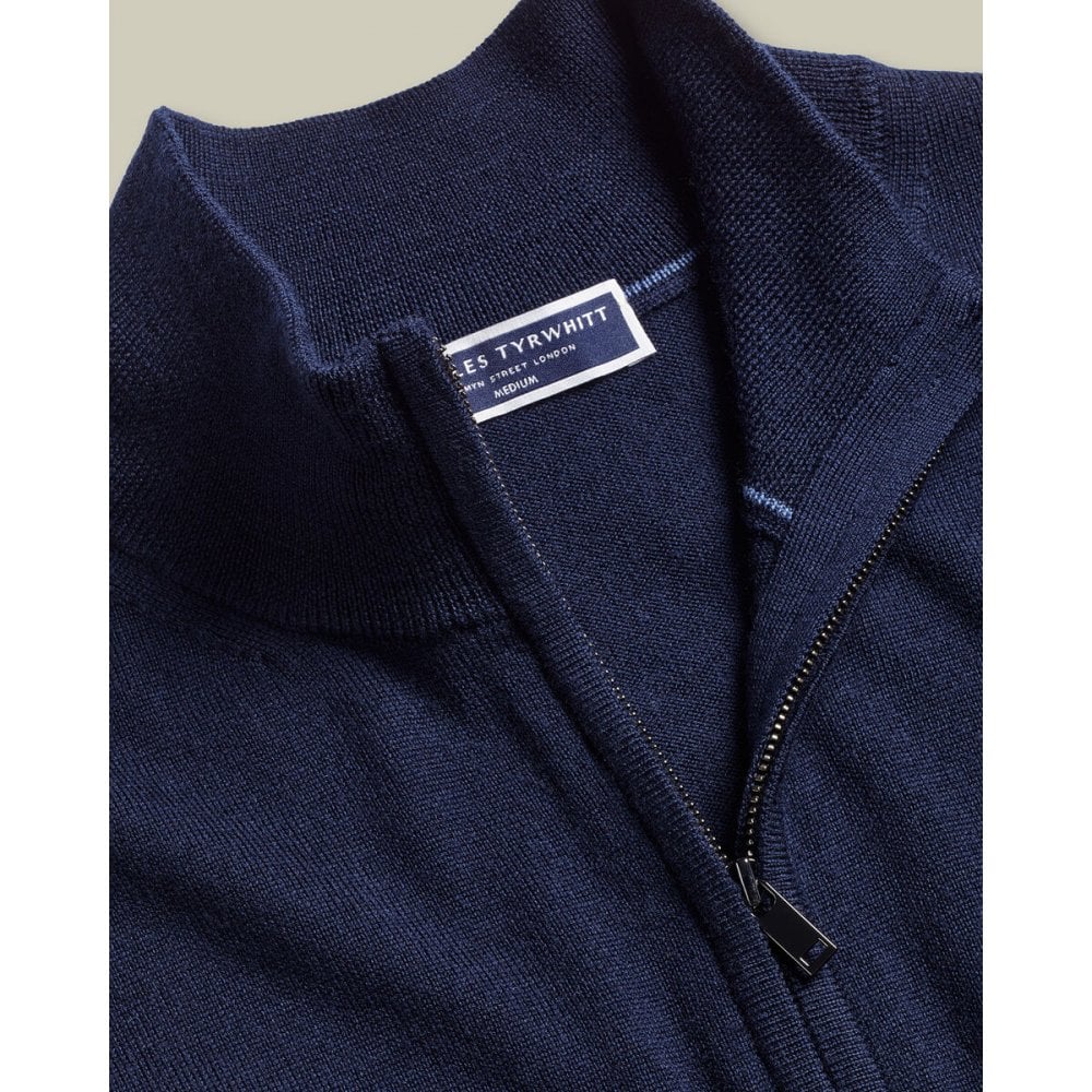 Navy Blue Pure Merino Zip Through Gilet