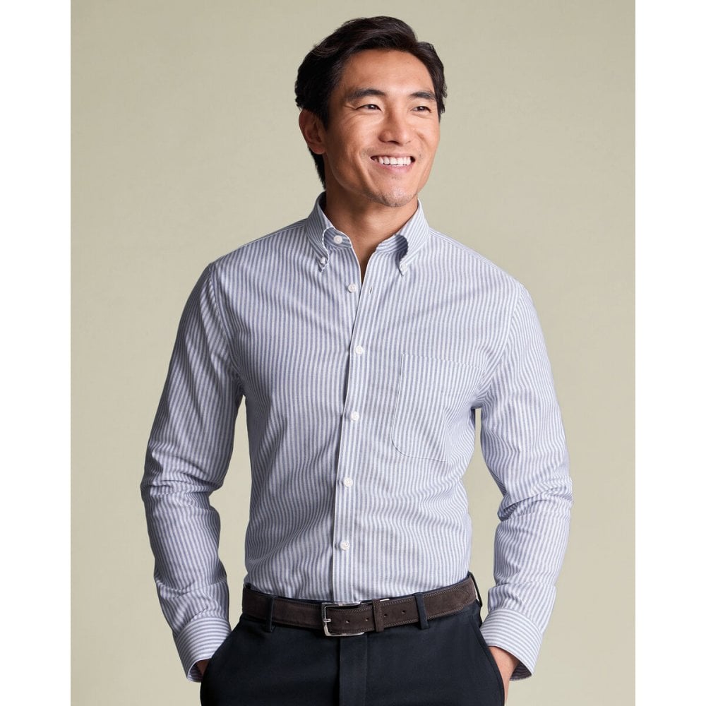 Mid Blue Non-Iron Stretch Oxford Stripe Slim Fit Button Down Shirt