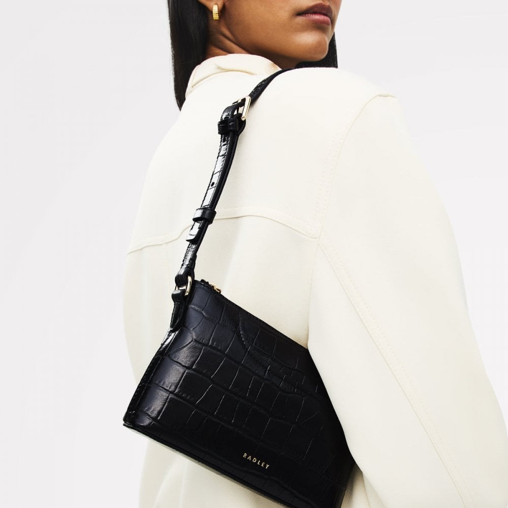 Pockets Faux Croc Mini Ziptop East-West Shoulder Bag