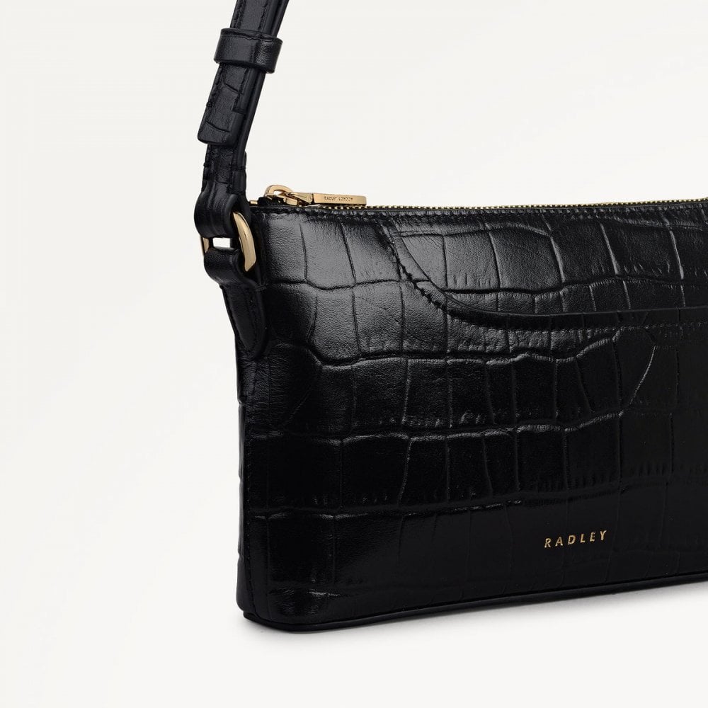 Pockets Faux Croc Mini Ziptop East-West Shoulder Bag