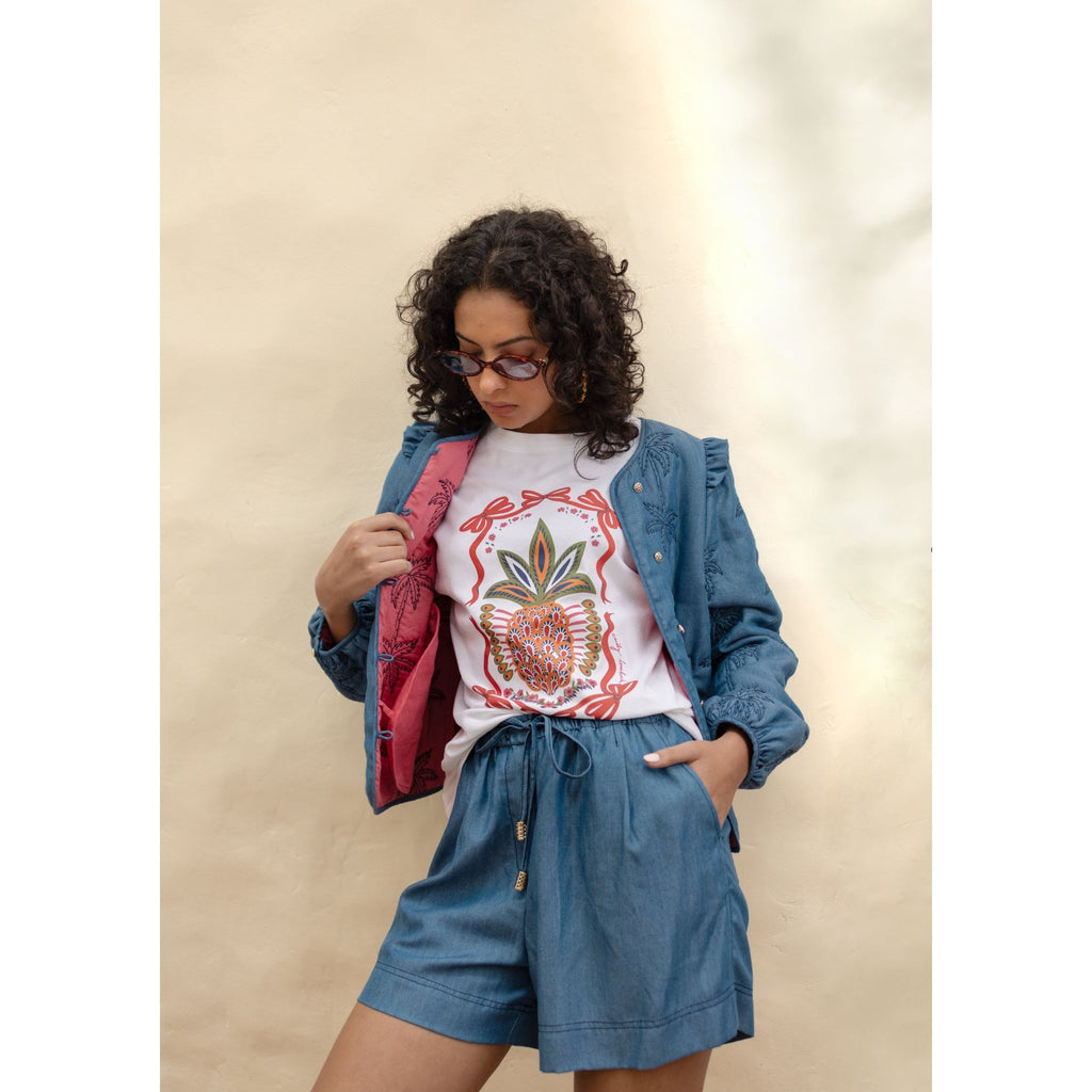 Brenda Palm Tree Quilted Denim Jacket