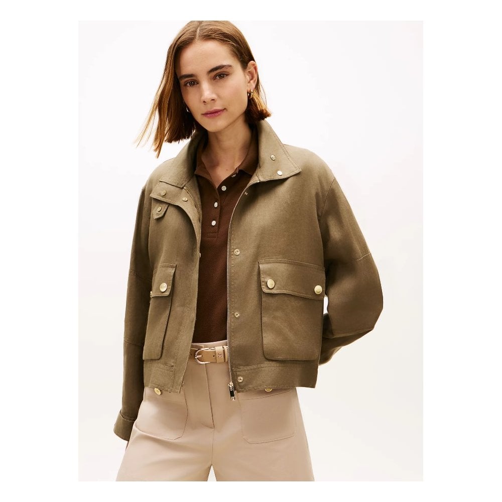 Gold-Tone Button Linen Utility Jacket