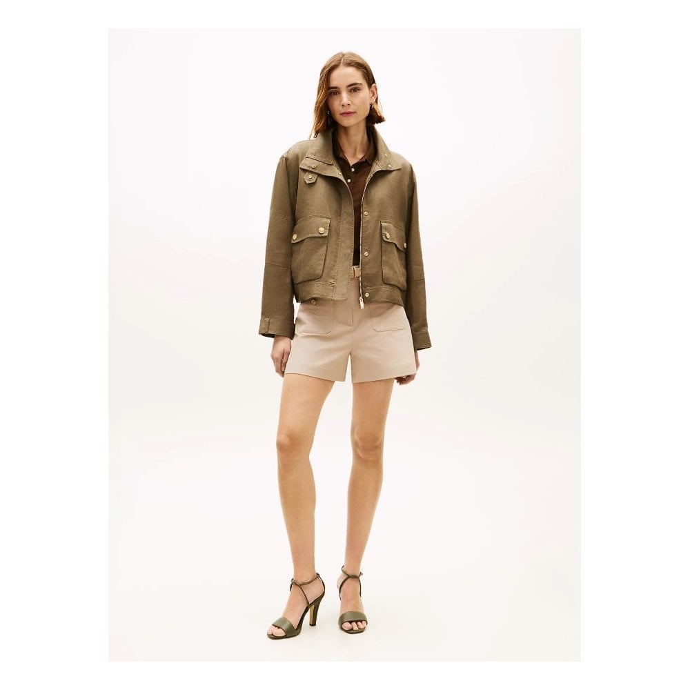 Gold-Tone Button Linen Utility Jacket