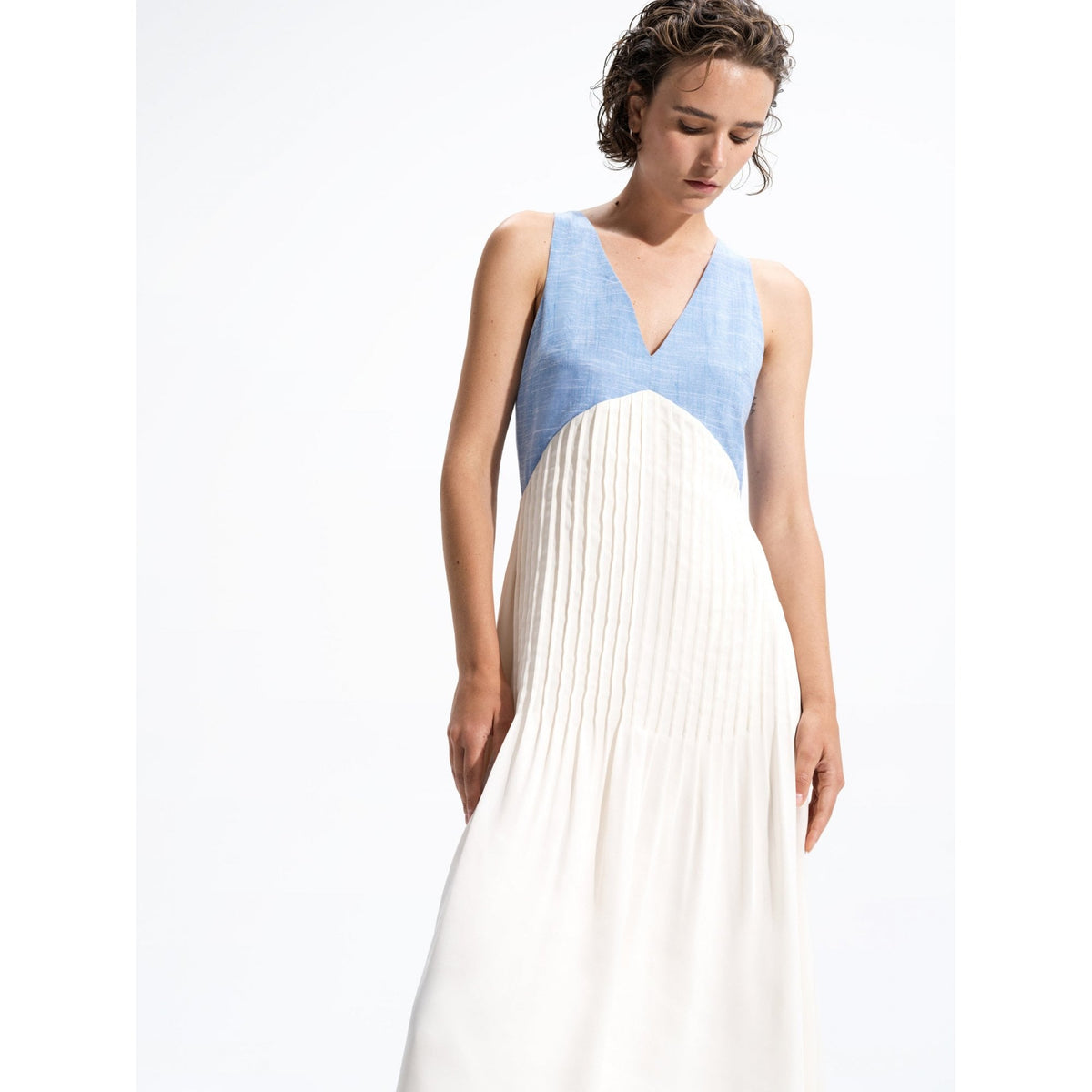 Colby Chambray Pleat Mix Dress