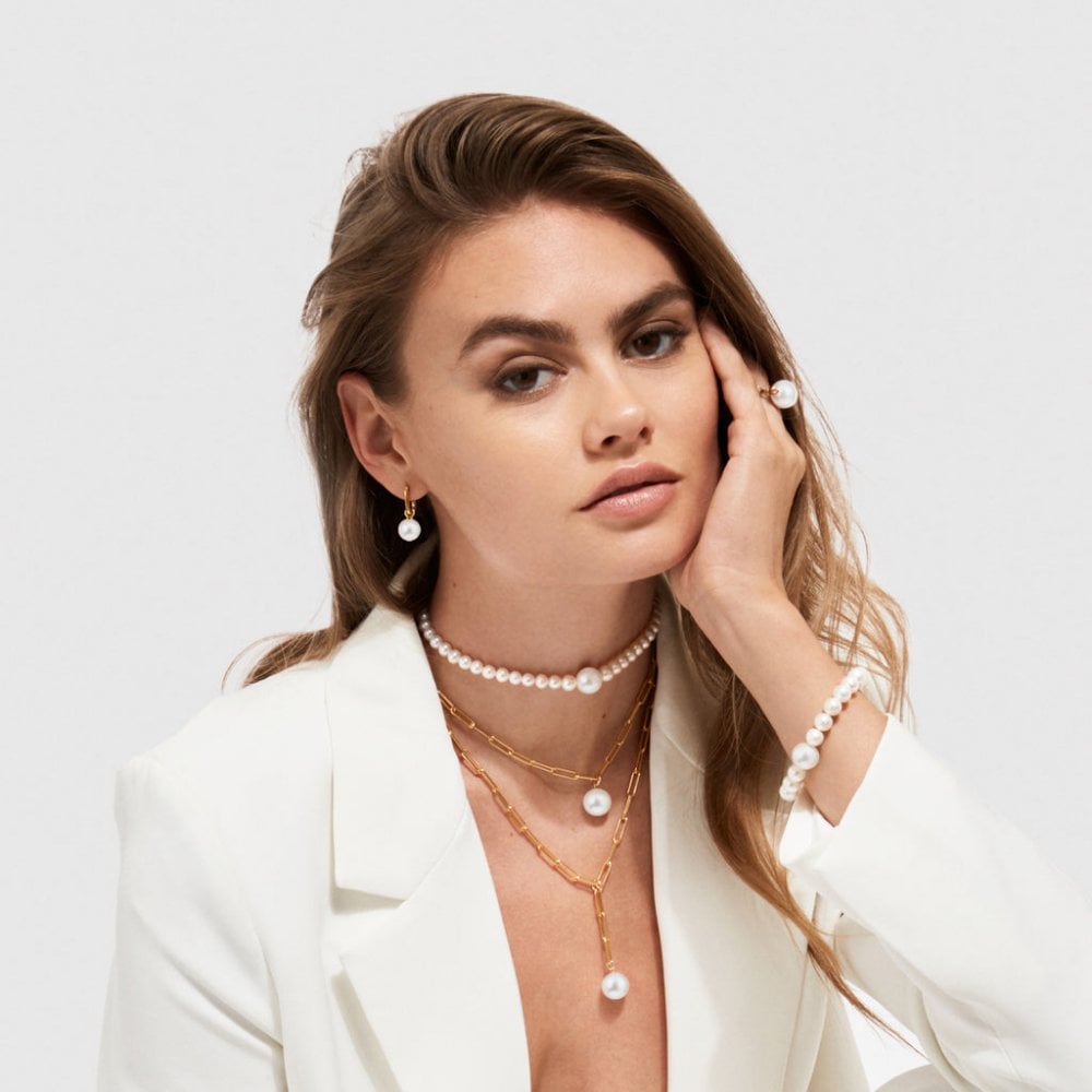 AETIA Large White Pearl Hoop Earrings - 14ct Gold Vermeil