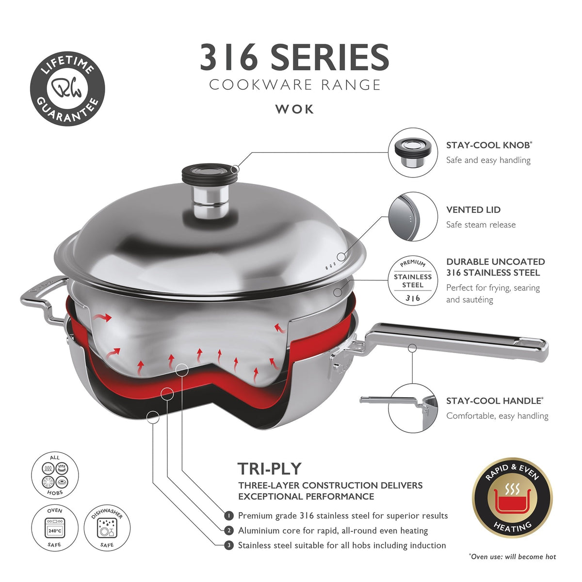 316 Series Cookware Bright Wok With Lid