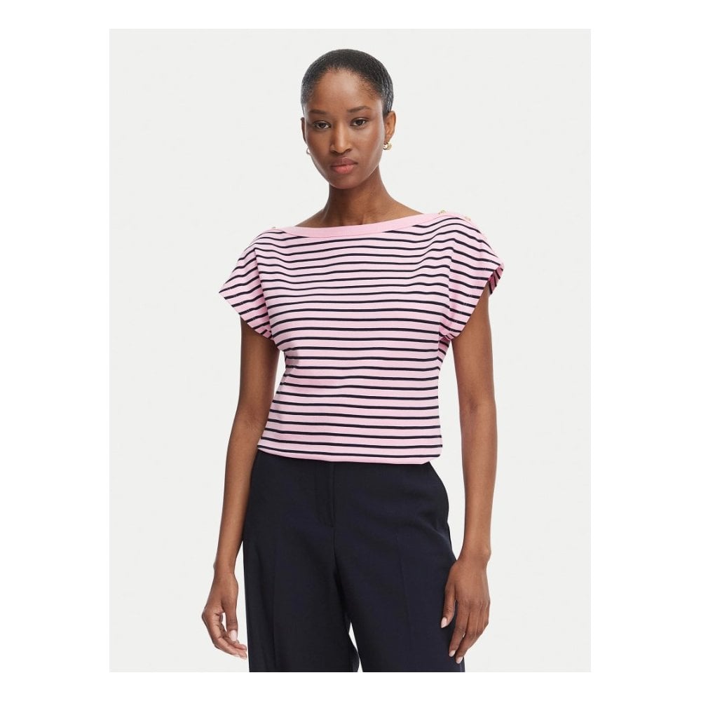 Gold-Tone Button Boat Neck T-Shirt