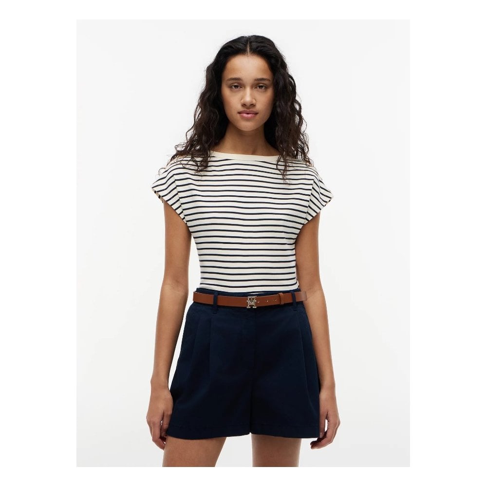 Gold-Tone Button Boat Neck T-Shirt