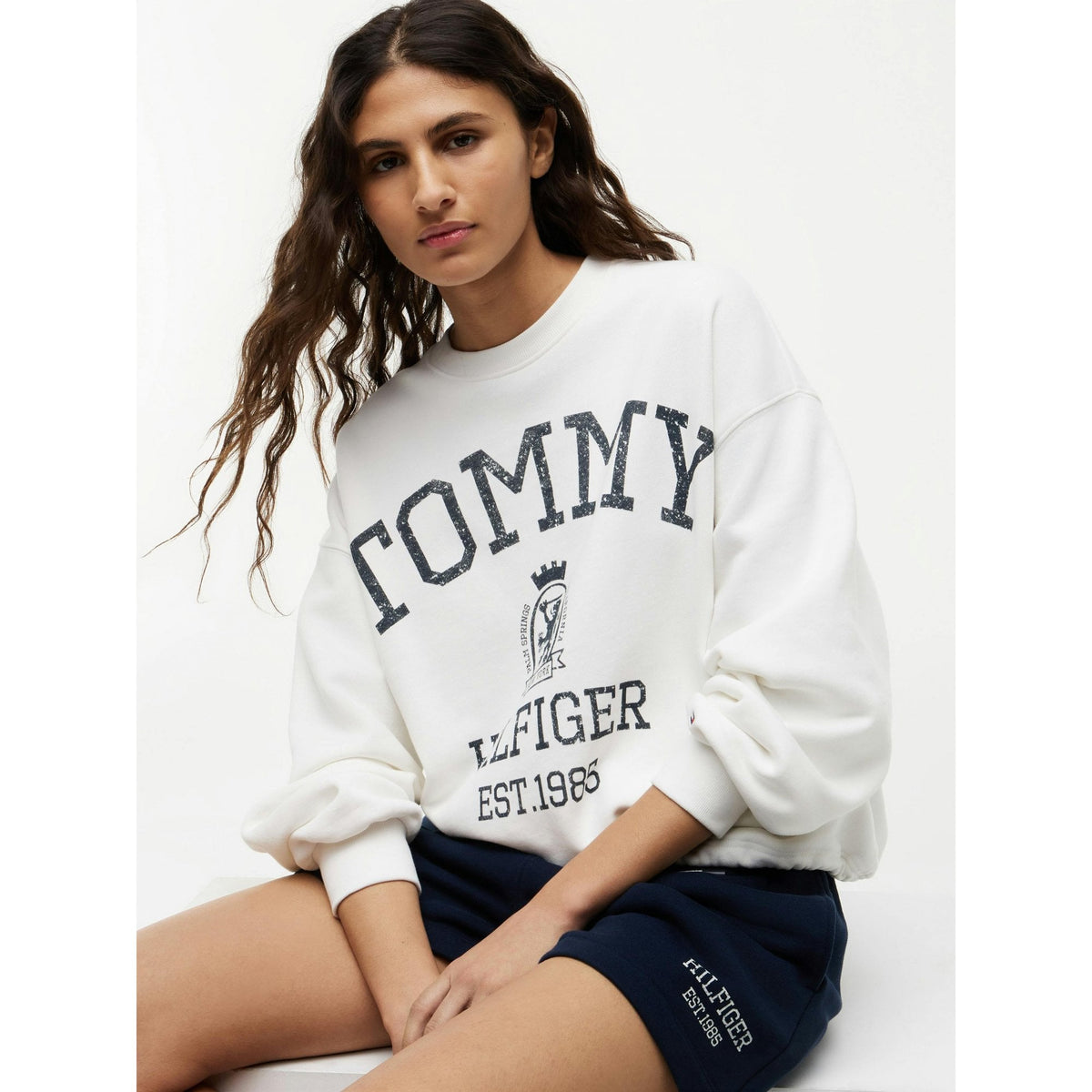 Varsity Crest Logo Drawstring Hem Relaxed Sweatshirt